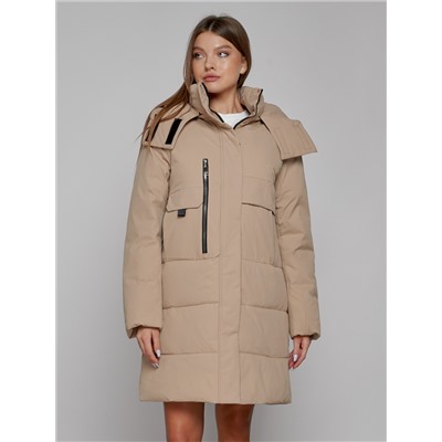 Пальто утепленное с капюшоном зимнее женское светло-коричневого цвета 52426SK