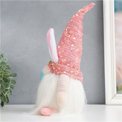 Кукла интерьерная свет "Гном в колпаке с зайчьими ушами, пайетки" розовый 30х8х8 см