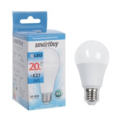 Лампа cветодиодная Smartbuy, E27, A65, 20 Вт, 6000 К, холодный белый свет