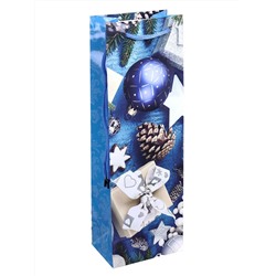 Пакет подар. с глянц. ламинац. 12x36x8,5 см (Bottle) Праздничная композиция на синем,