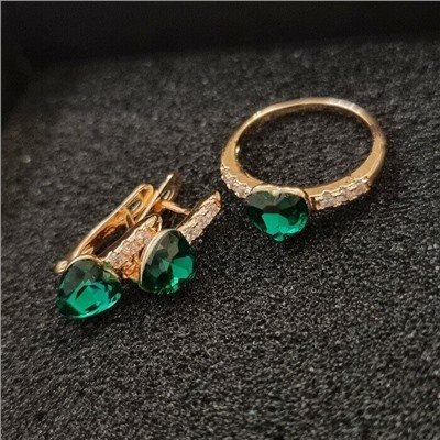 Комплект ювелирная бижутерия, серьги и кольцо позолота, камни зеленые, р-р 17, 54209 арт.847.848
