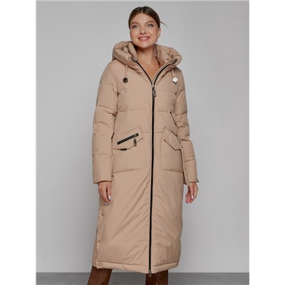 Пальто утепленное с капюшоном зимнее женское бежевого цвета 133159B