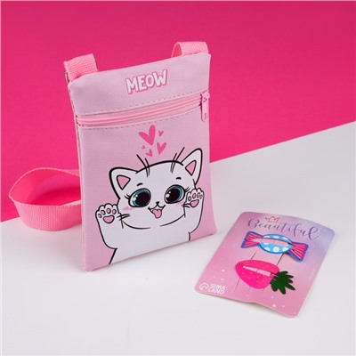 Набор для девочки Белый котик: сумка и заколки для волос, цвет розовый
