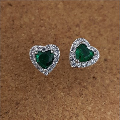 Серьги гвоздики сердечки, коллекция "Дубай", покрытие посеребрение, цвет камня: зеленый, 37142, арт. 847.658