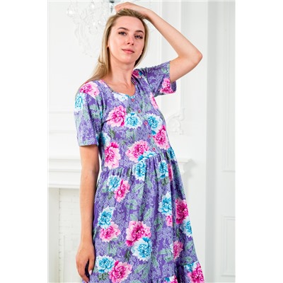 Платье женское с рукавами из кулирки Шейла пион на фиолетовом