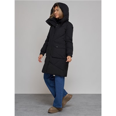 Пальто утепленное молодежное зимнее женское черного цвета 52321Ch