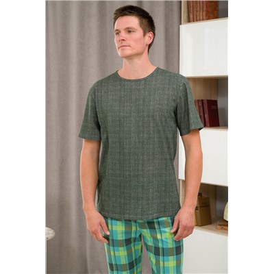Пижама мужская из футболки с коротким рукавом и брюк из кулирки Генри бирюзовая клетка