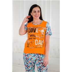 Костюм женский домашний интерлок из футболки и бридж LOVE оранжевый