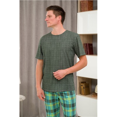 Пижама мужская из футболки с коротким рукавом и брюк из кулирки Генри бирюзовая клетка макси