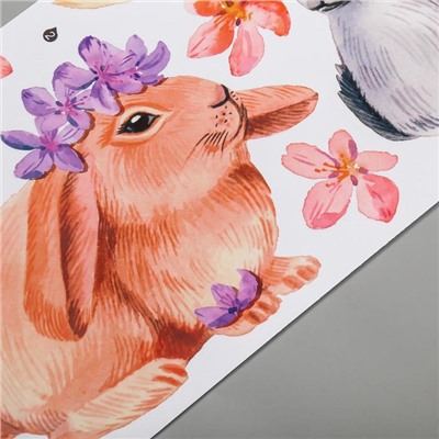 Наклейка пластик интерьерная цветная "Милые кролики с цветочками" 30х90 см