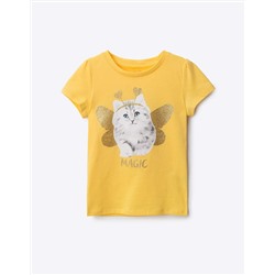 Фуфайка GKT008729 трикотаж желтый 2-4г/104 Жёлтая футболка с котёнком для девочки.