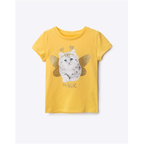 Фуфайка GKT008729 трикотаж желтый 2-4г/104 Жёлтая футболка с котёнком для девочки.