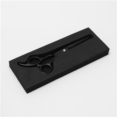 Ножницы филировочные с упором «Premium», загнутые кольца, лезвие — 6 см, цвет чёрный