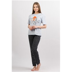 Комплект женский (футболка  принт  с  глиттером + брюки с манжетами)