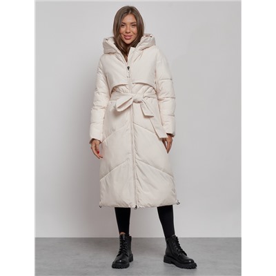 Пальто утепленное молодежное зимнее женское светло-бежевого цвета 52356SB