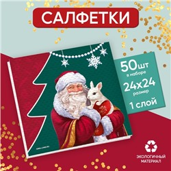 Салфетки бумажные однослойные «Дед Мороз», 24×24 см, набор 50 штук