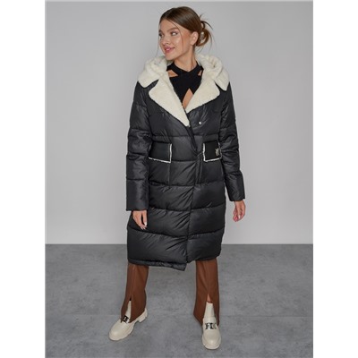 Пальто утепленное с капюшоном зимнее женское черного цвета 1322367Ch